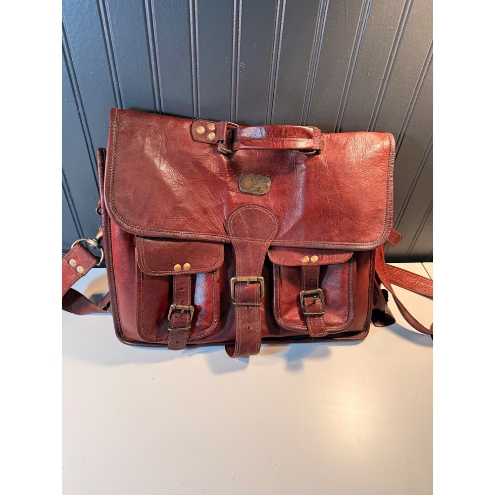 Cuero Leather Messenger Bag Brown Satchel Laptop Briefcase Green Lining Vintage